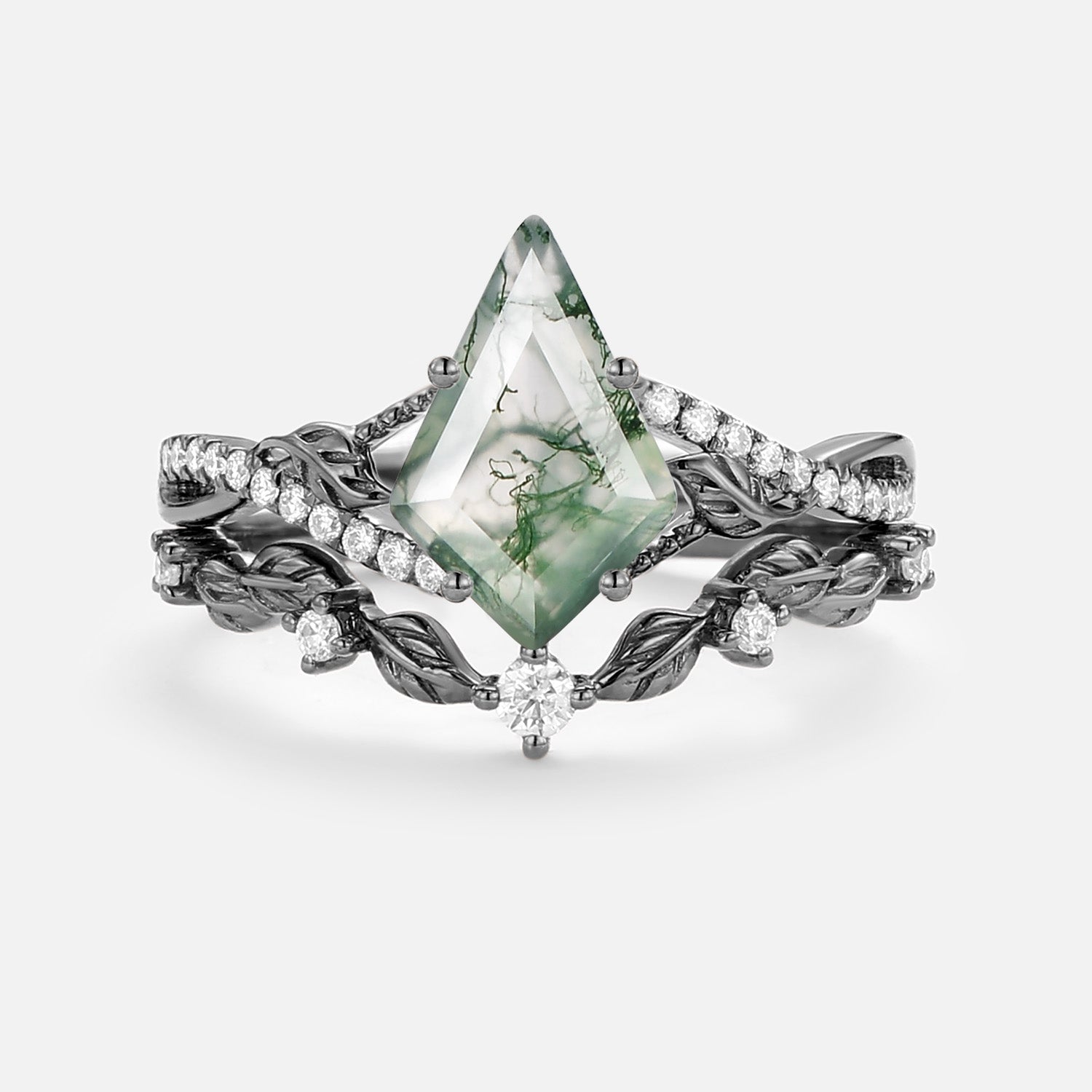 Kite Moss Agate Leafy Engagement Ring Set 2pcs - Syrin