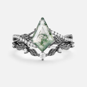 Kite Moss Agate Leafy Engagement Ring Set 2pcs - Syrin