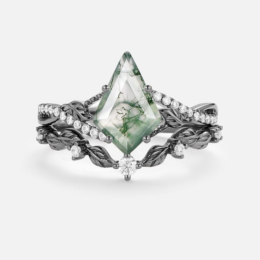 Syrin Kite Moss Agate Leafy Engagement Ring Set 2pcs