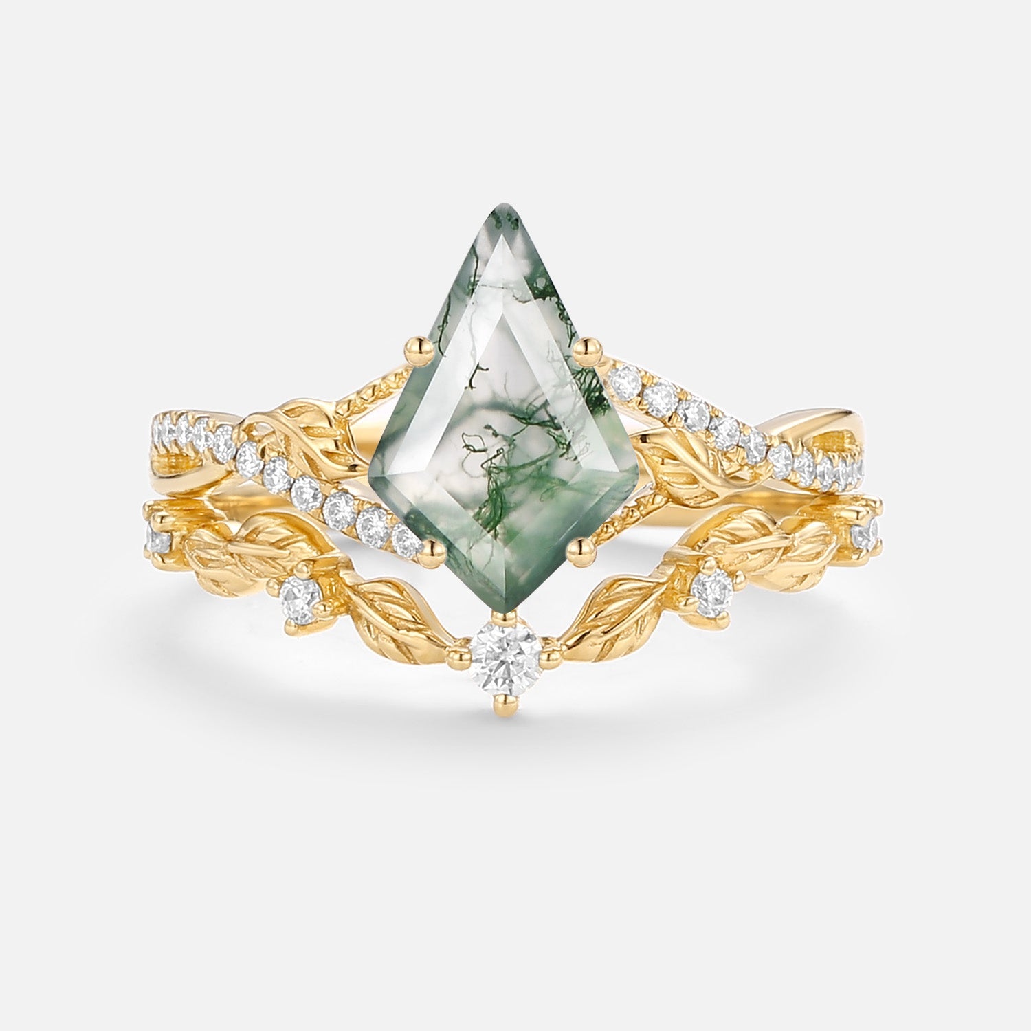 Kite Moss Agate Leafy Engagement Ring Set 2pcs - Syrin