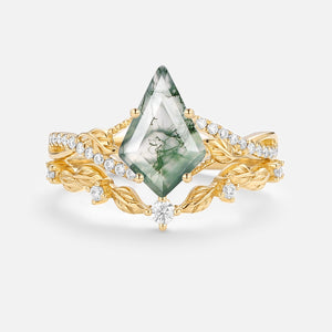Kite Moss Agate Leafy Engagement Ring Set 2pcs - Syrin