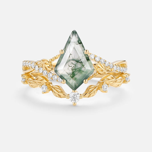 Kite Moss Agate Leafy Engagement Ring Set 2pcs - Syrin