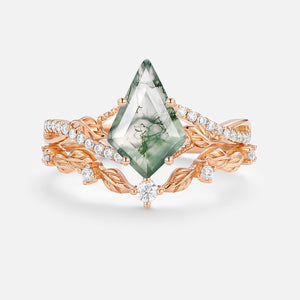 Kite Moss Agate Leafy Engagement Ring Set 2pcs - Syrin
