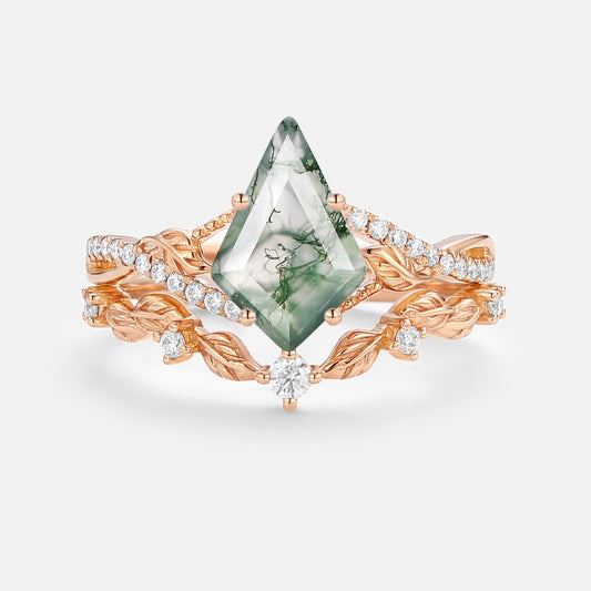 Kite Moss Agate Leafy Engagement Ring Set 2pcs - Syrin