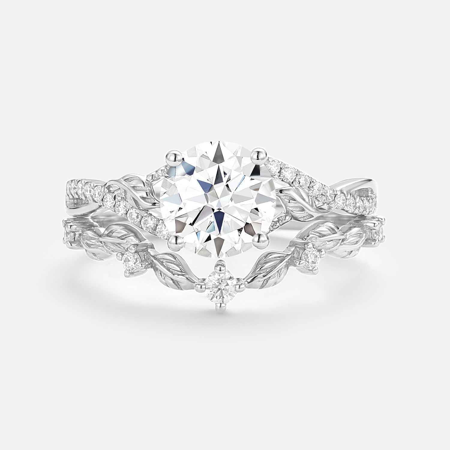 Nature Inspired-Round Moss Agate Leafy Engagement Ring Set 2pcs - Syrin