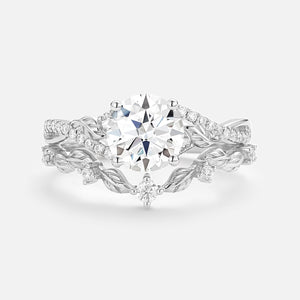 Nature Inspired-Round Moss Agate Leafy Engagement Ring Set 2pcs - Syrin