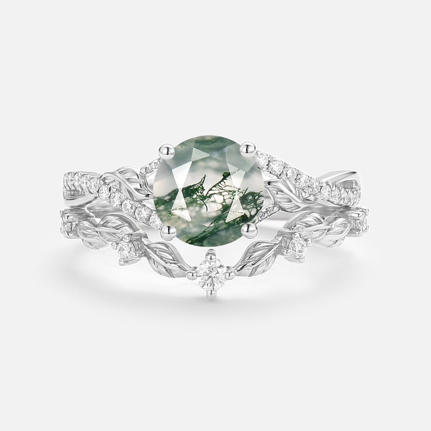Nature Inspired-Round Moss Agate Leafy Engagement Ring Set 2pcs - Syrin