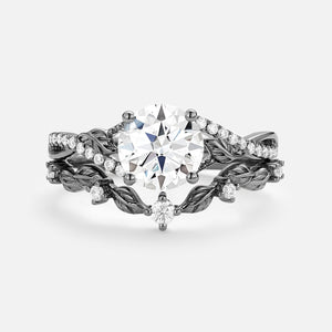 Nature Inspired-Round Moss Agate Leafy Engagement Ring Set 2pcs - Syrin