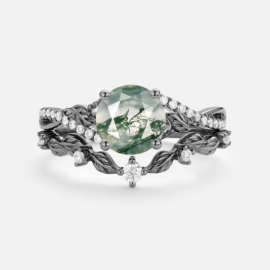 Syrin Nature Inspired-Round Moss Agate Leafy Engagement Ring Set 2pcs