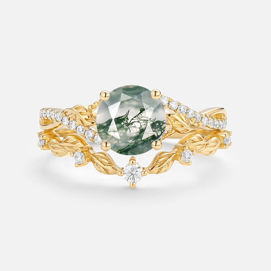Nature Inspired-Round Moss Agate Leafy Engagement Ring Set 2pcs - Syrin