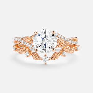 Nature Inspired-Round Moss Agate Leafy Engagement Ring Set 2pcs - Syrin