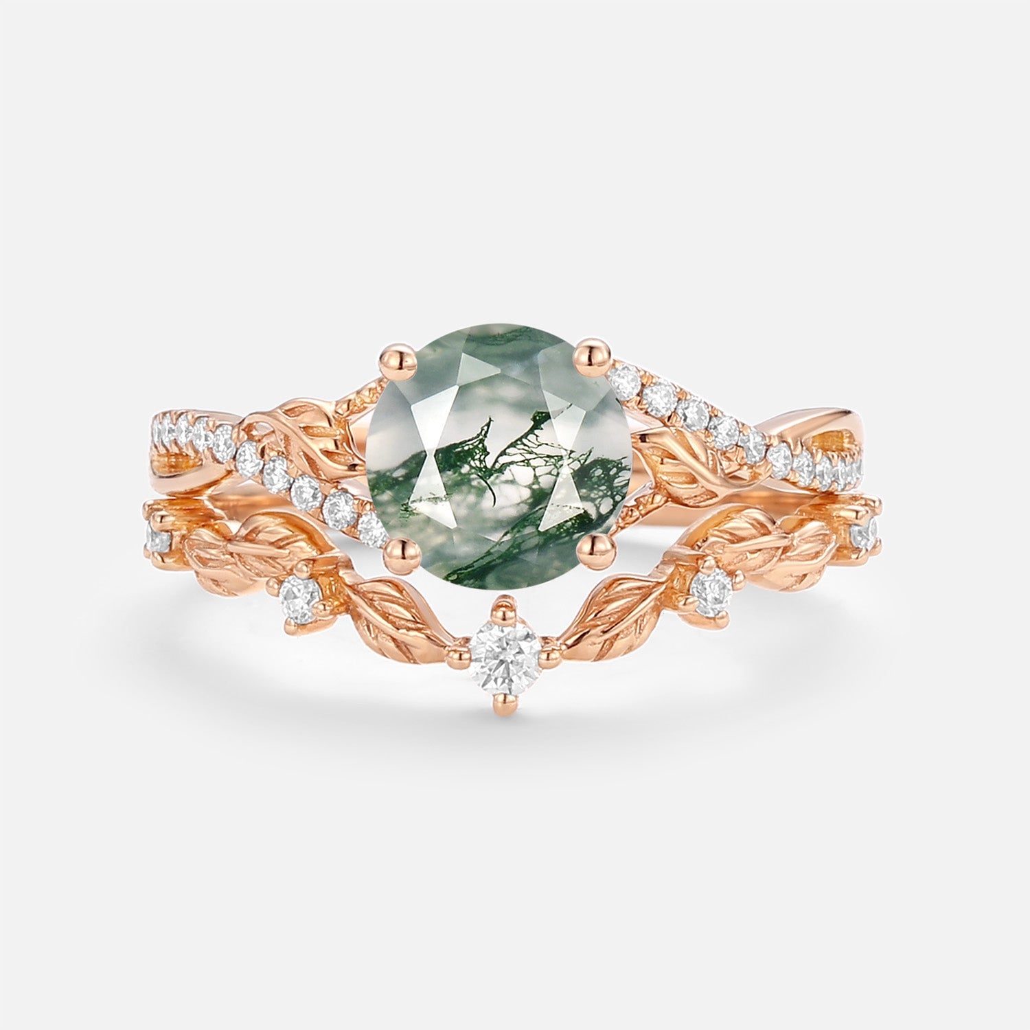 Nature Inspired-Round Moss Agate Leafy Engagement Ring Set 2pcs - Syrin