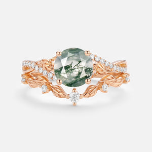 Nature Inspired-Round Moss Agate Leafy Engagement Ring Set 2pcs - Syrin