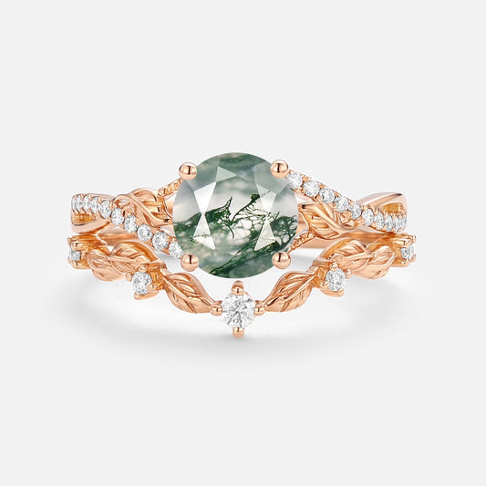 Nature Inspired-Round Moss Agate Leafy Engagement Ring Set 2pcs - Syrin