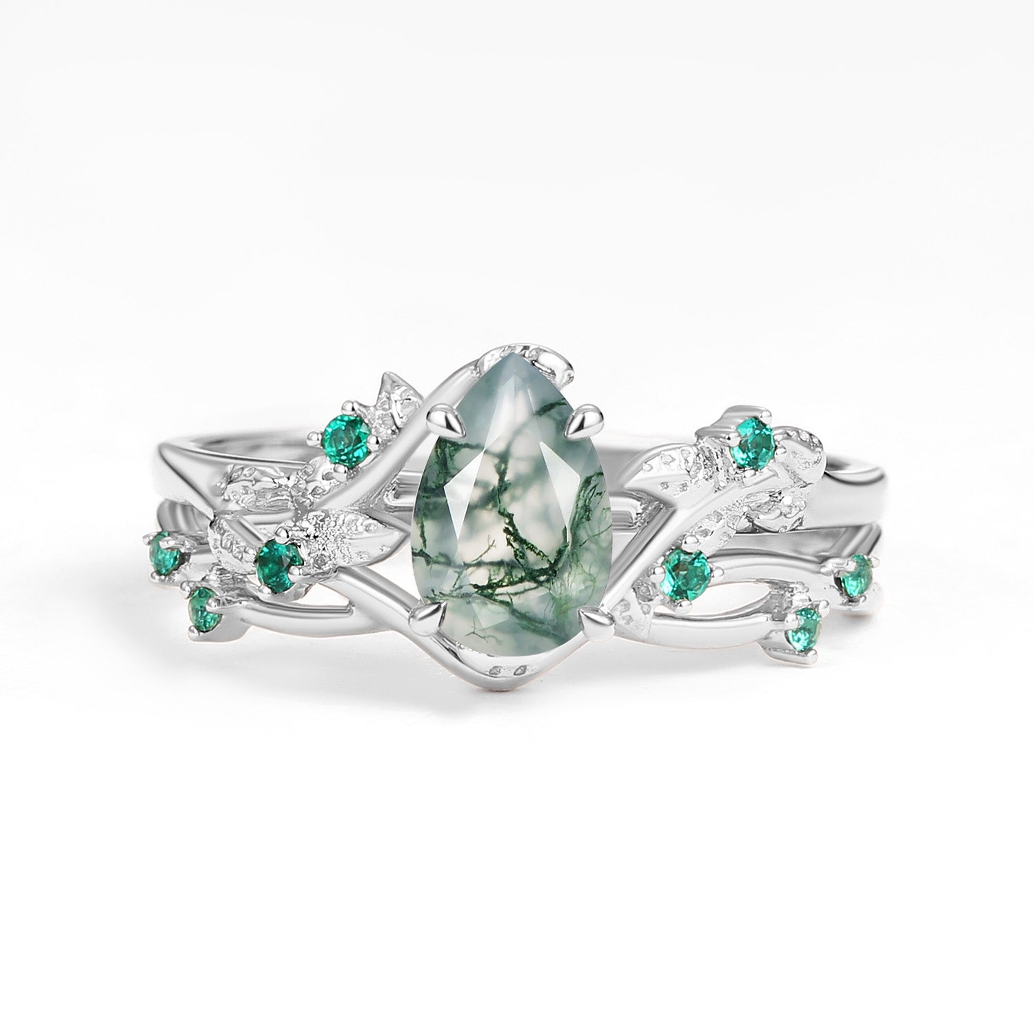 Nature Inspired - Pear Shaped Moss Agate Leafy Ring Set 2pcs