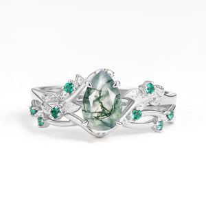 Nature Inspired - Pear Shaped Moss Agate Leafy Ring Set 2pcs