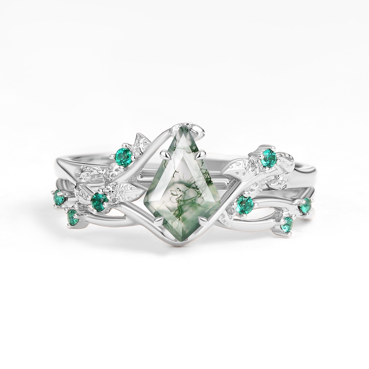 Nature Inspired - Kite Shaped Moss Agate Leafy Ring Set 2pcs - Mossy