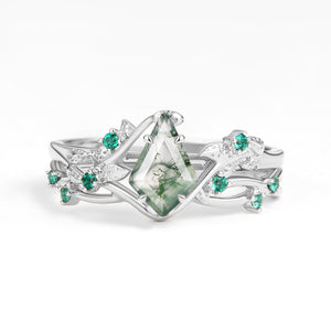 Nature Inspired - Kite Shaped Moss Agate Leafy Ring Set 2pcs - Mossy