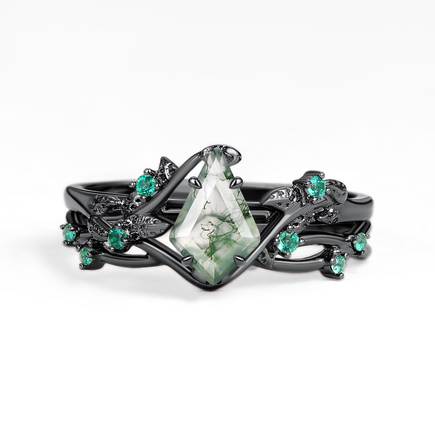 Nature Inspired - Kite Shaped Moss Agate Leafy Ring Set 2pcs - Mossy