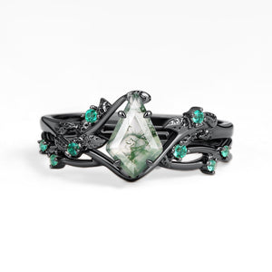 Nature Inspired - Kite Shaped Moss Agate Leafy Ring Set 2pcs - Mossy