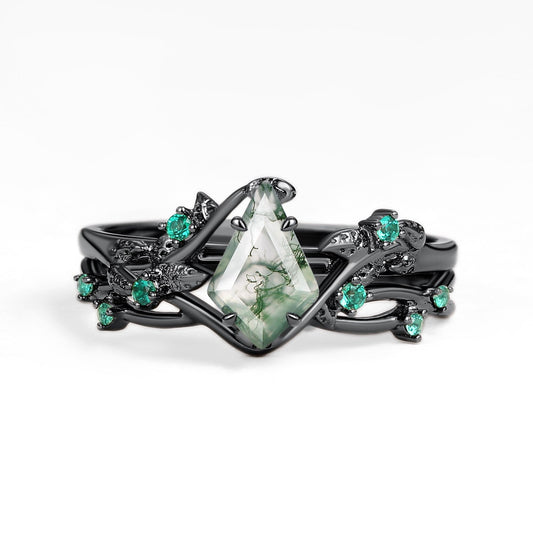 Nature Inspired - Kite Shaped Moss Agate Leafy Ring Set 2pcs - Mossy