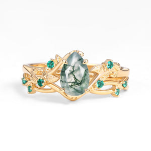 Nature Inspired - Pear Shaped Moss Agate Leafy Ring Set 2pcs