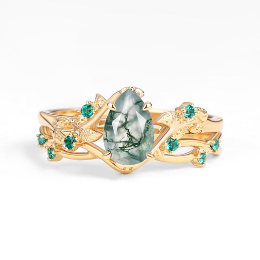 Nature Inspired - Pear Shaped Moss Agate Leafy Ring Set 2pcs