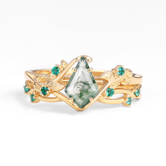 Mossy Nature Inspired Kite Shaped Moss Agate Leafy Ring Set 2pcs