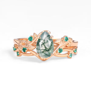 Nature Inspired - Pear Shaped Moss Agate Leafy Ring Set 2pcs