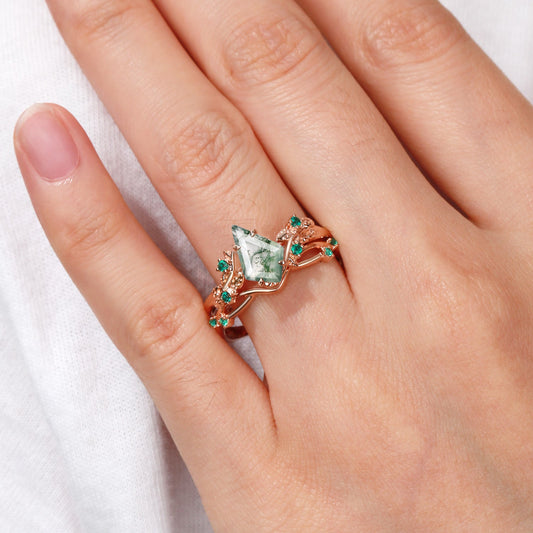 Nature Inspired - Kite Shaped Moss Agate Leafy Ring Set 2pcs - Mossy