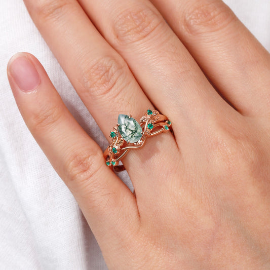 Nature Inspired - Pear Shaped Moss Agate Leafy Ring Set 2pcs
