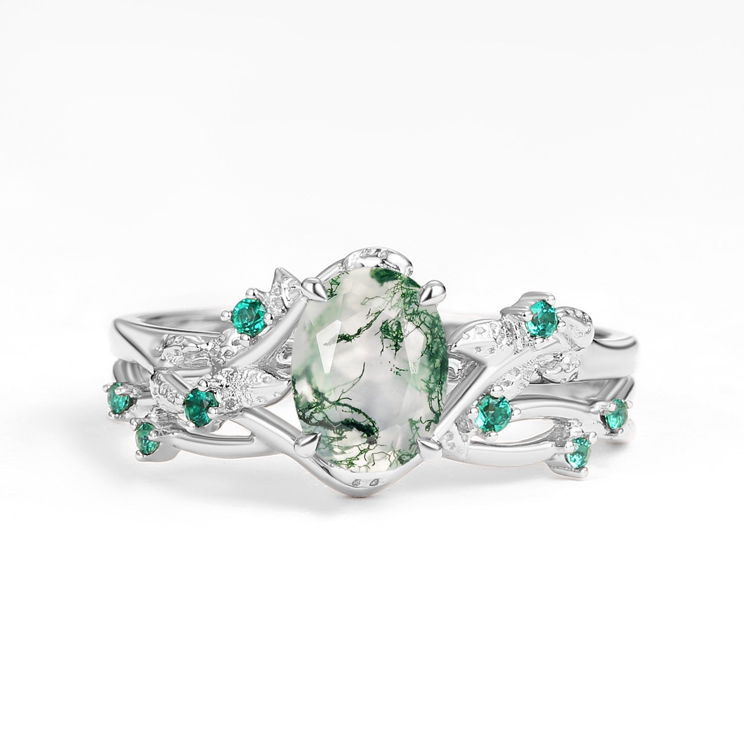 Nature Inspired - Oval Cut Moss Agate Leafy Black Gold Couple Ring Set 3pcs - Mossy