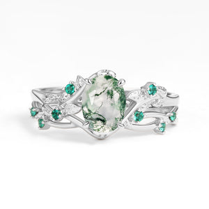 Nature Inspired - Oval Cut Moss Agate Leafy Black Gold Couple Ring Set 3pcs - Mossy