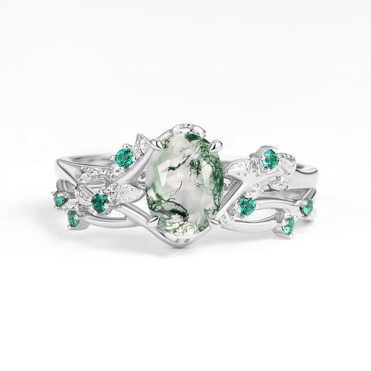 Nature Inspired - Oval Cut Moss Agate Leafy Black Gold Ring Set 2pcs - Mossy