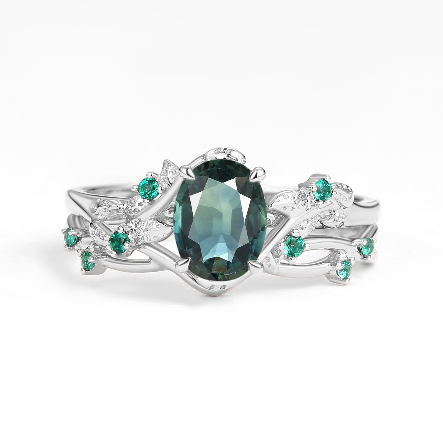 Nature Inspired - Oval Cut Moss Agate Leafy Black Gold Ring Set 2pcs - Mossy