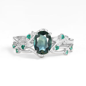 Nature Inspired - Oval Cut Moss Agate Leafy Black Gold Ring Set 2pcs - Mossy