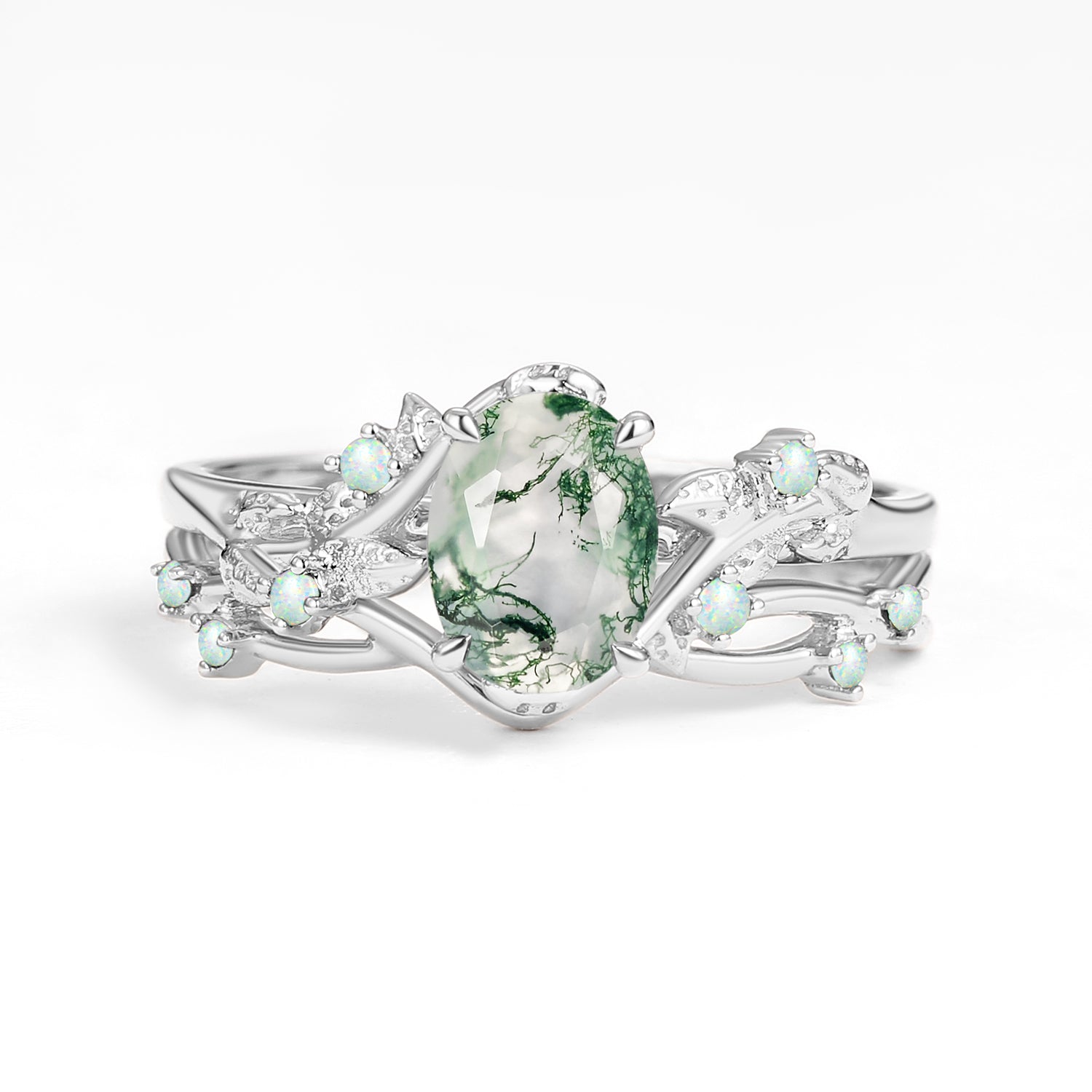 Nature Inspired - Oval Cut Moss Agate Leafy Black Gold Ring Set 2pcs - Mossy