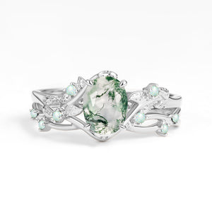 Nature Inspired - Oval Cut Moss Agate Leafy Black Gold Ring Set 2pcs - Mossy