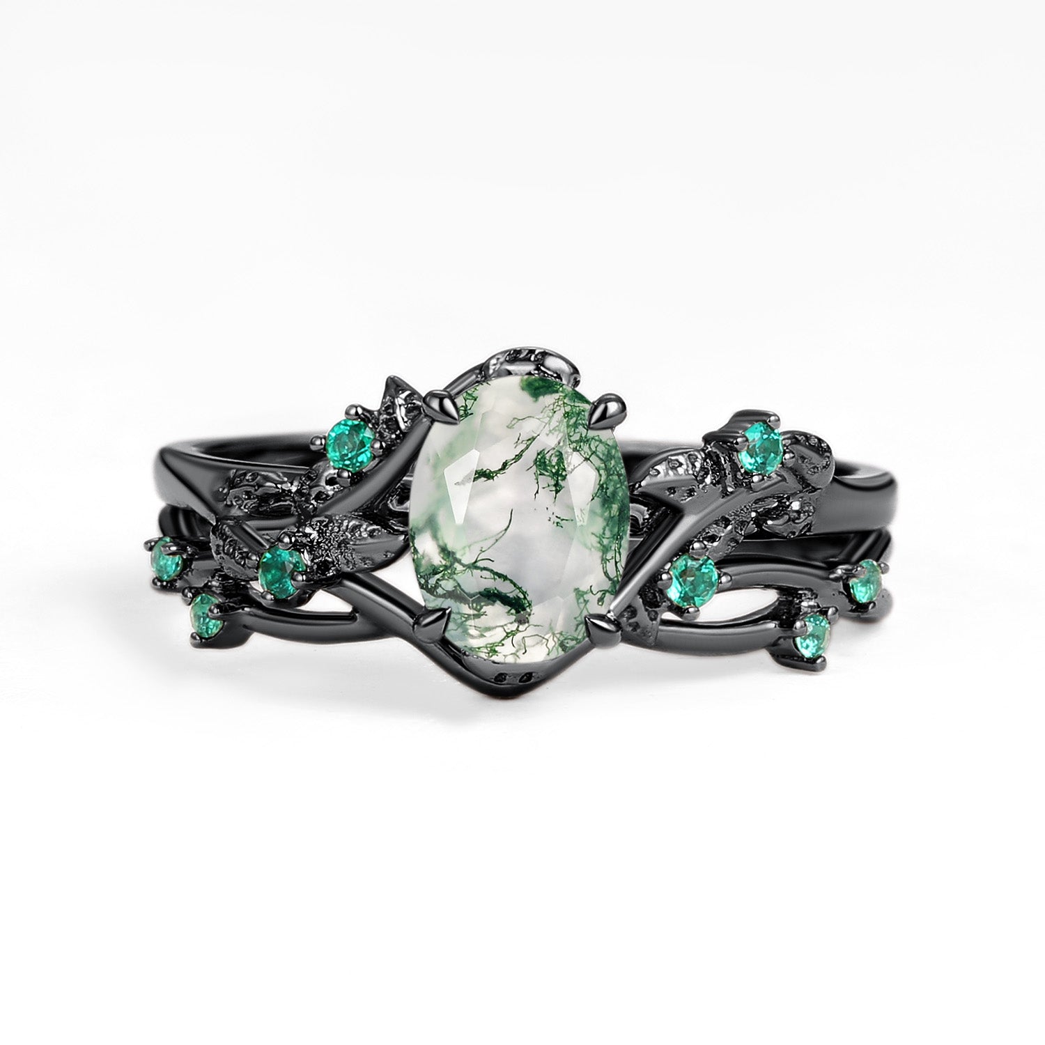 Nature Inspired - Oval Cut Moss Agate Leafy Black Gold Couple Ring Set 3pcs - Mossy