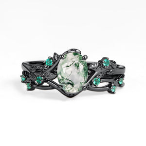 Nature Inspired - Oval Cut Moss Agate Leafy Black Gold Couple Ring Set 3pcs - Mossy