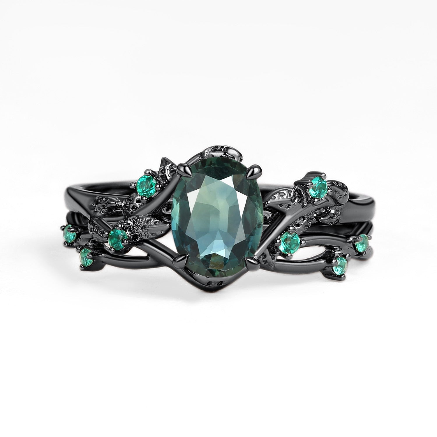 Nature Inspired - Oval Cut Moss Agate Leafy Black Gold Ring Set 2pcs - Mossy