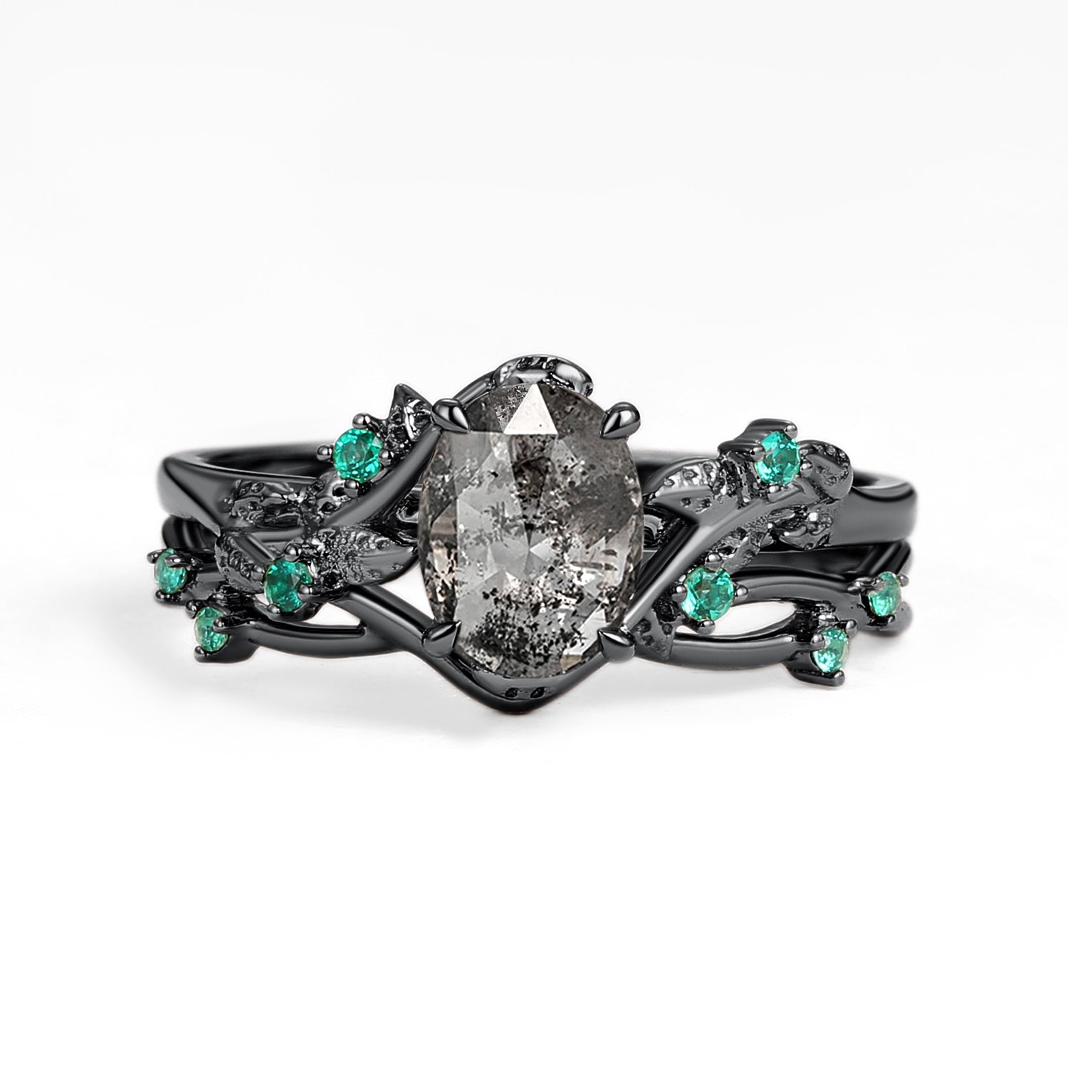 Nature Inspired - Oval Cut Moss Agate Leafy Black Gold Ring Set 2pcs - Mossy