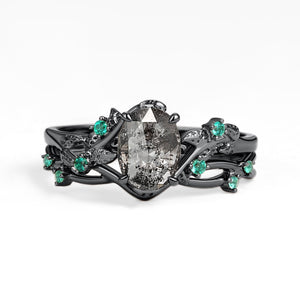 Nature Inspired - Oval Cut Moss Agate Leafy Black Gold Ring Set 2pcs - Mossy