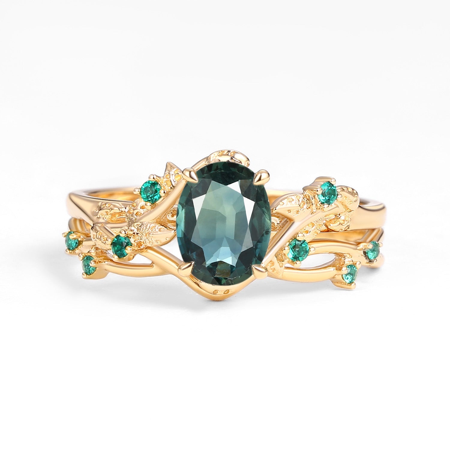 Nature Inspired - Oval Cut Moss Agate Leafy Black Gold Ring Set 2pcs - Mossy