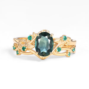 Nature Inspired - Oval Cut Moss Agate Leafy Black Gold Ring Set 2pcs - Mossy