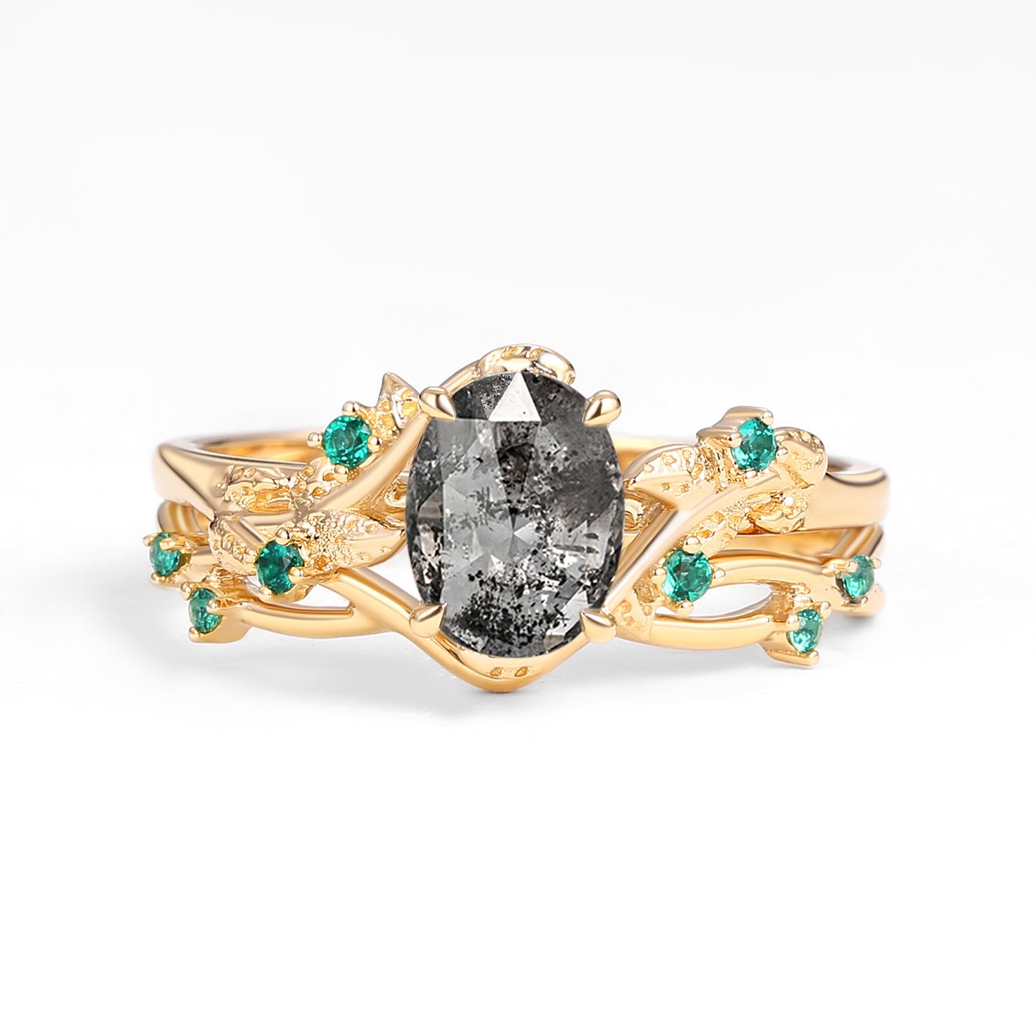 Nature Inspired - Oval Cut Moss Agate Leafy Black Gold Ring Set 2pcs - Mossy