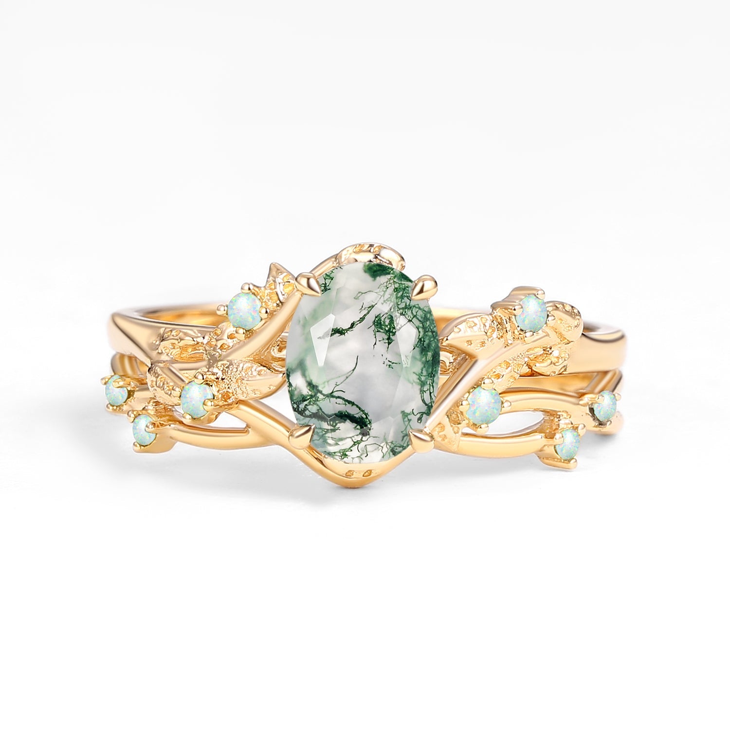 Nature Inspired - Oval Cut Moss Agate Leafy Black Gold Ring Set 2pcs - Mossy