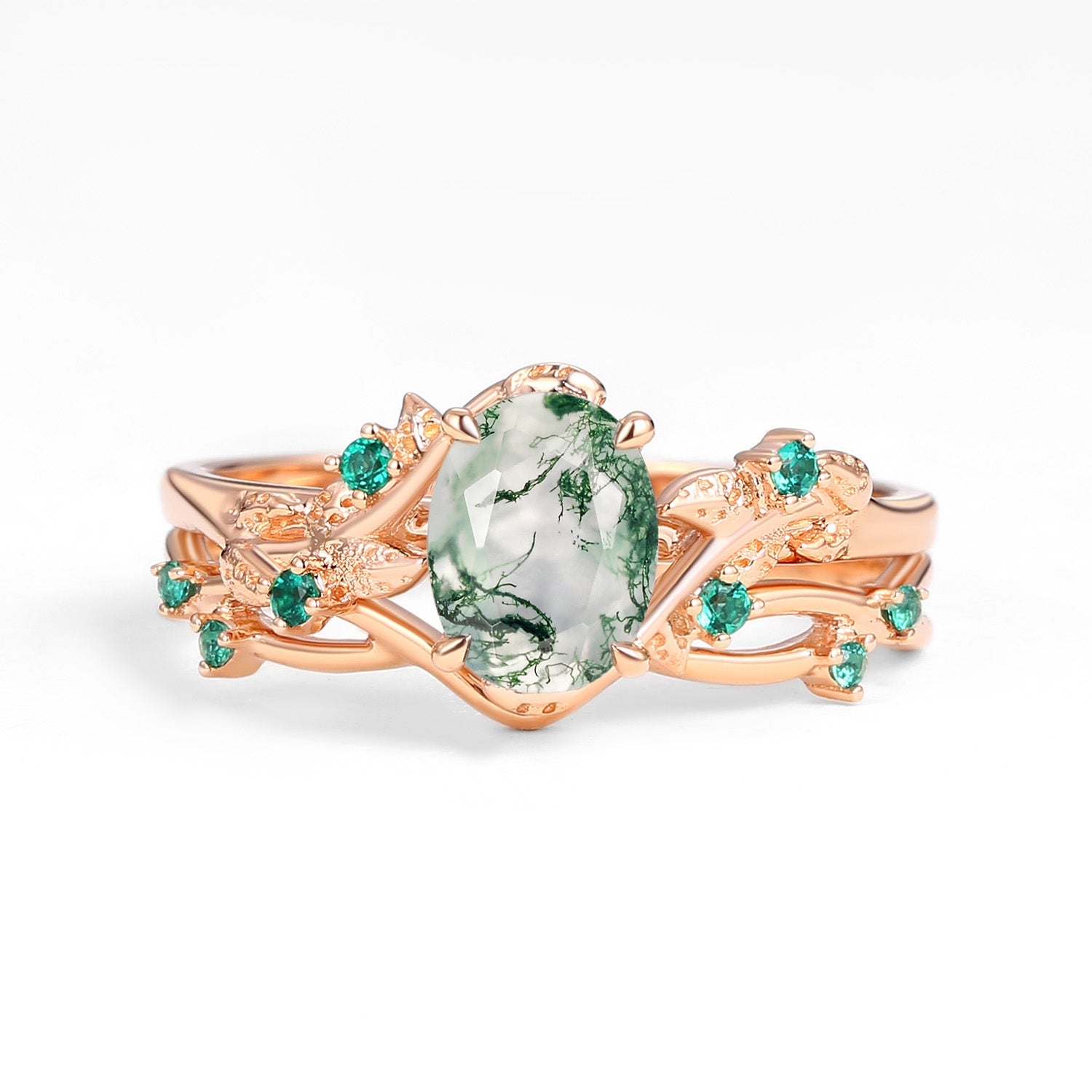 Nature Inspired - Oval Cut Moss Agate Leafy Black Gold Couple Ring Set 3pcs - Mossy