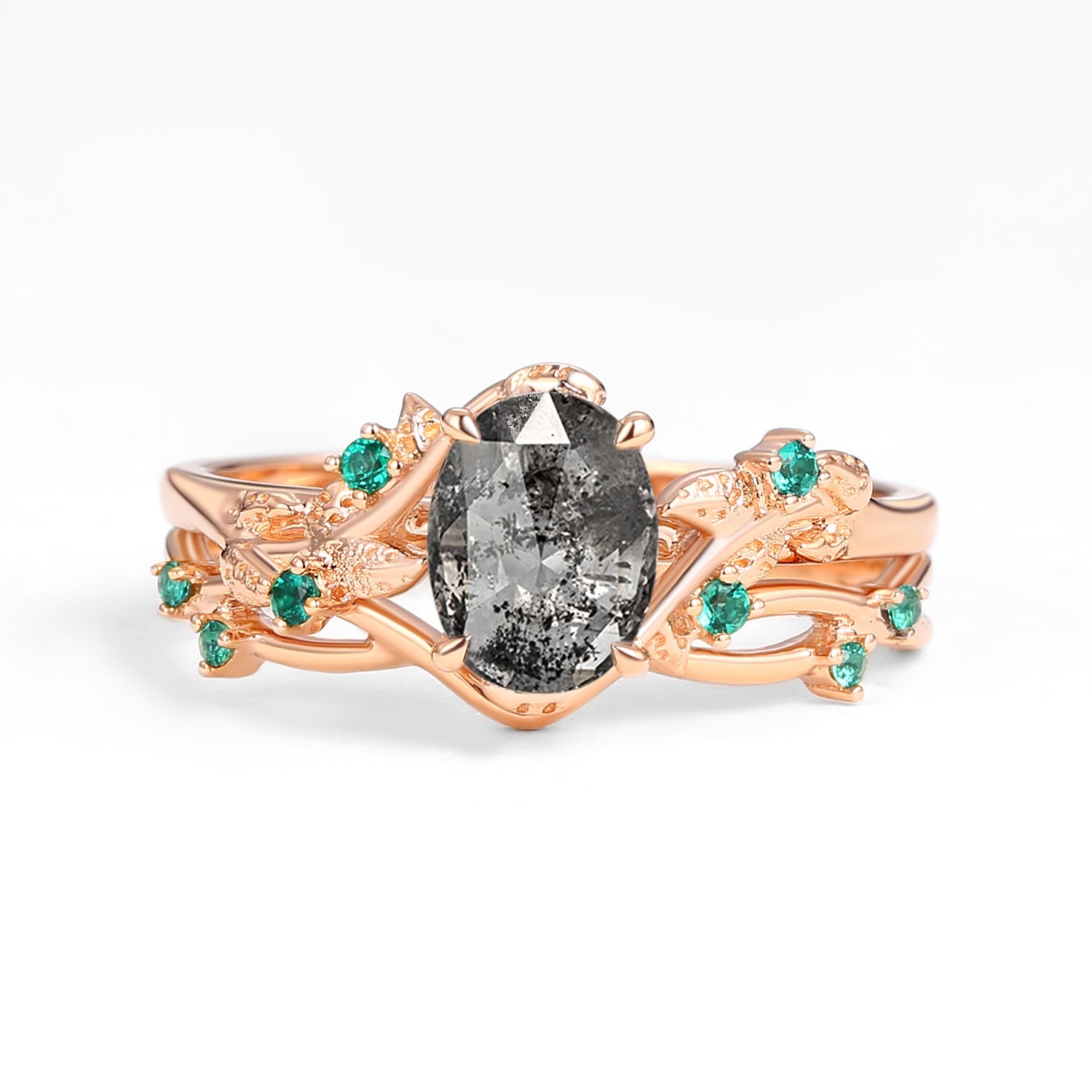 Nature Inspired - Oval Cut Moss Agate Leafy Black Gold Ring Set 2pcs - Mossy