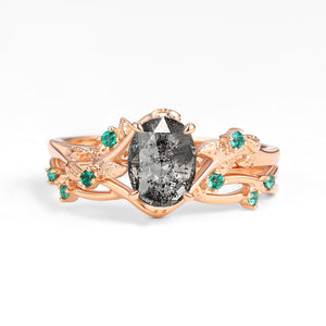 Nature Inspired - Oval Cut Moss Agate Leafy Black Gold Ring Set 2pcs - Mossy